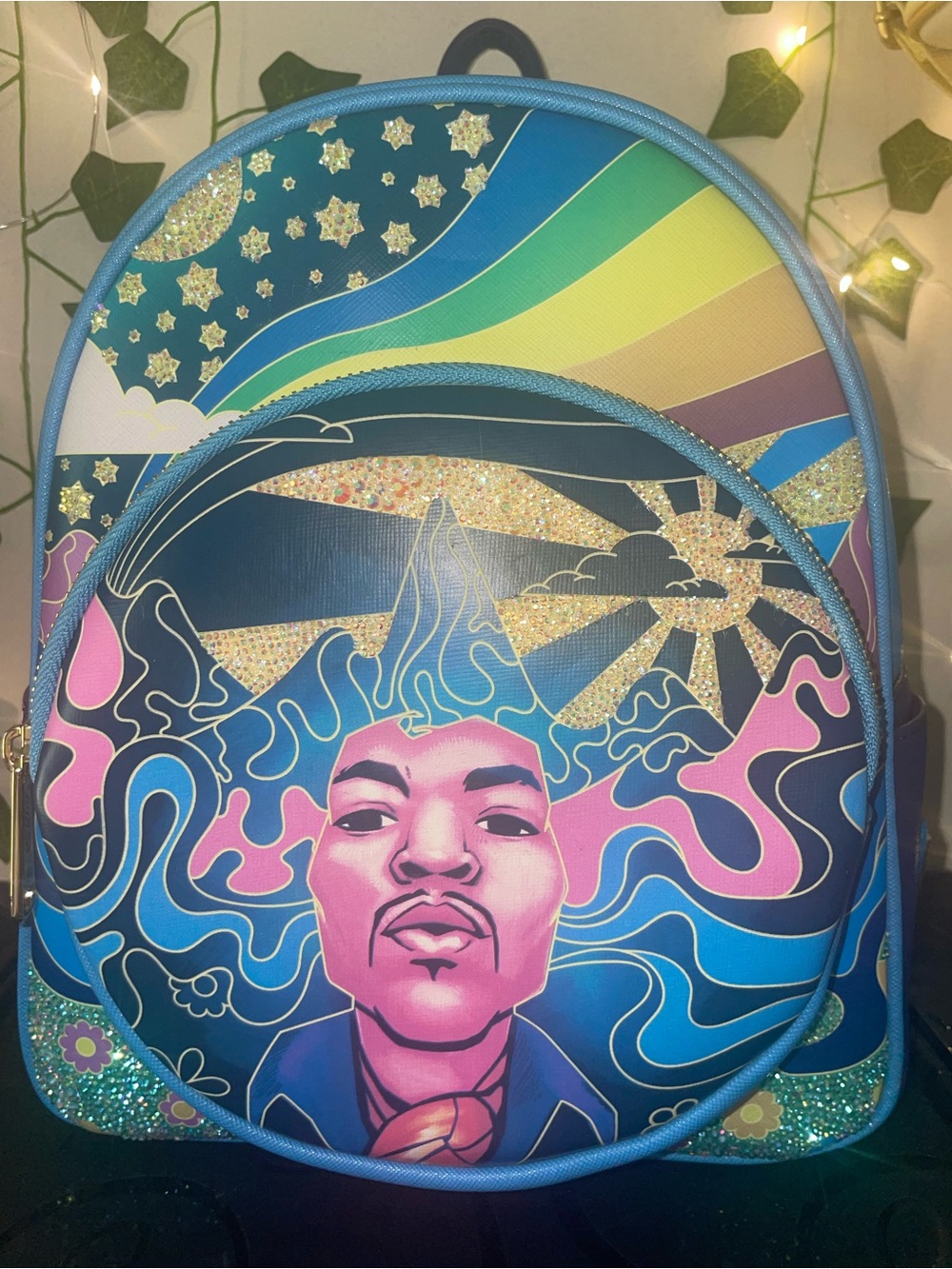 Loungefly Blinged out Jimi Hendrix Psychedelic Landscape Zip MINI Backpack